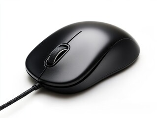 Computer mouse placed on a white surface with a cable