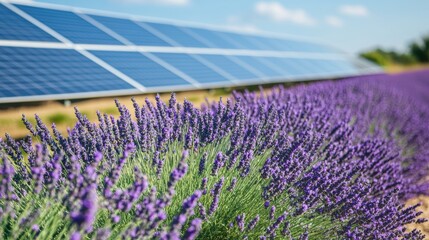Obraz premium Solar farm and lavender cultivation, sustainable agriculture and renewable energy sources