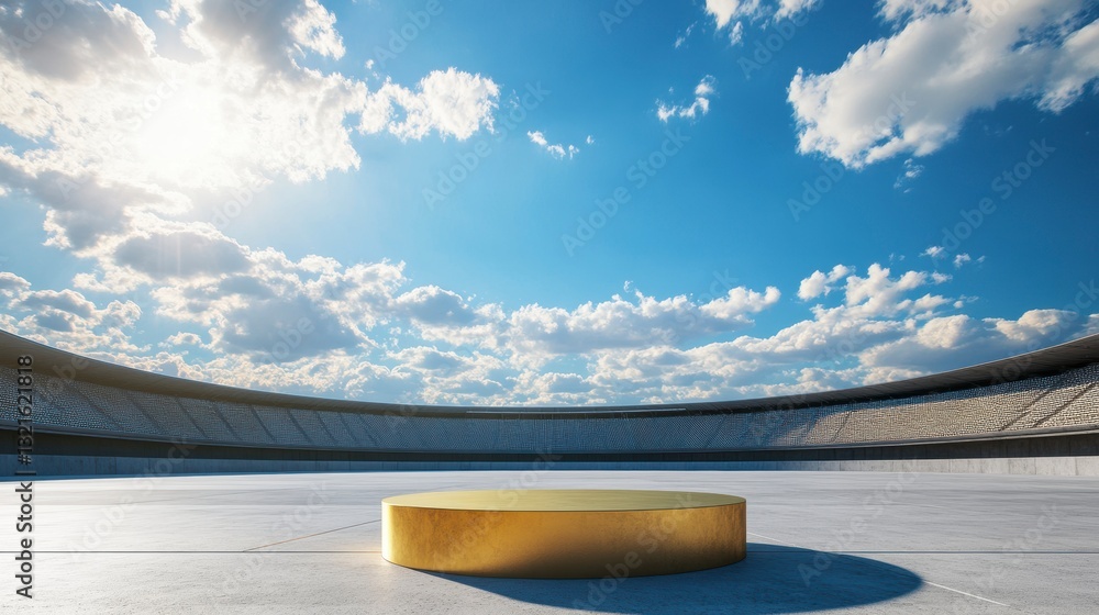 Poster empty golden podium in an arena under a vibrant sky. possible use for product presentations