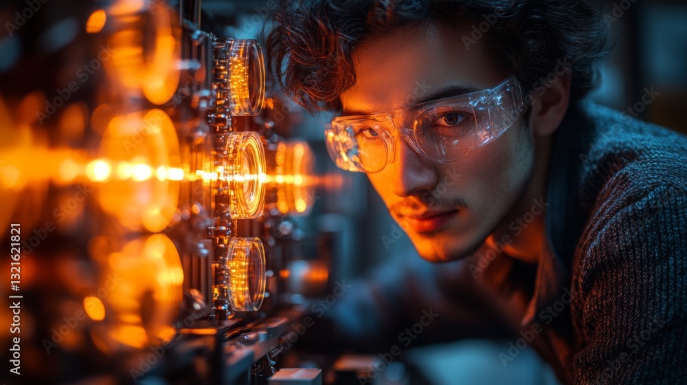 Poster A researcher examines complex equipment in a quantum lab, focusing on qubit behavior, superposition, and entanglement principles, showcasing advanced physics experiments.