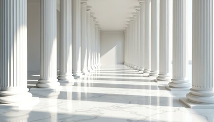 White marble corridor with pillars. Classic architecture building interior with shiny floor. Three-dimensional render of hall with colonnade, concept of luxury and tradition.
