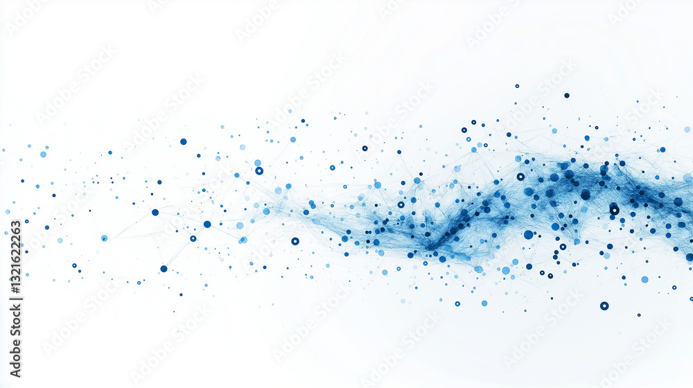 Poster abstract flow of blue particles: a dynamic stream of blue particles and subtle shades, forming an ab