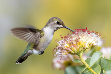 Hummingbird feeding on vibrant flowers in a lush garden during daylight hours