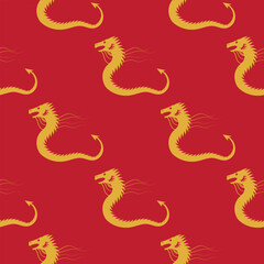 Obraz premium Vector Chinese folklore gold Dragon seamless pattern suitable for Chinese New Year. Symbol of Chinese mythology. Magic reptile. Traditional monster of China. Chinese zodiac icon. Fantasy animal.