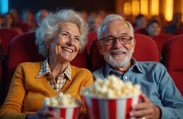Happy senior couple watch movie at cinema, eat popcorn. Smiling elderly woman and man enjoy film together. Mature people laugh during date at movie theater.