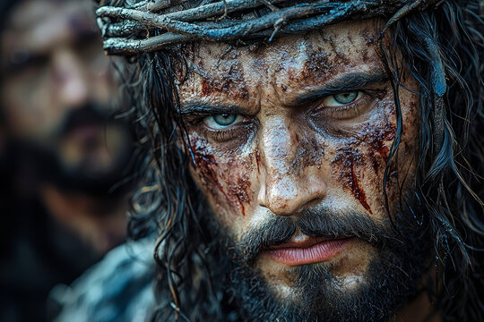 Makeup artist applies realistic bruises to actor playing scourged Jesus prior to filming. Concept of enhanced appearance.