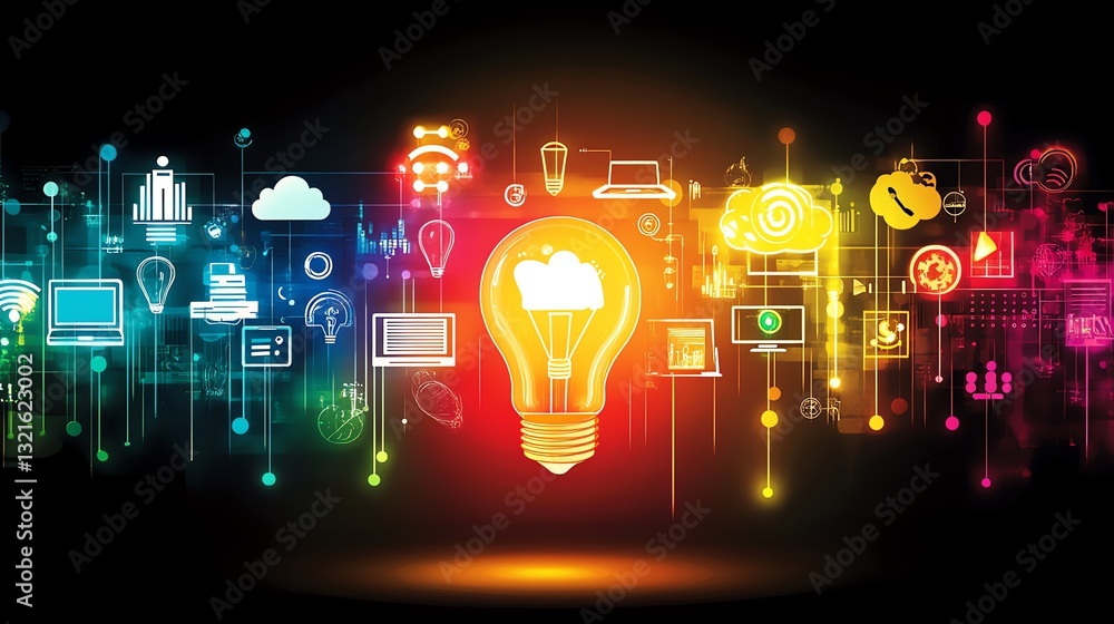 Aufkleber an innovative light bulb glowing brightly, surrounded by interconnected icons of technology, digital