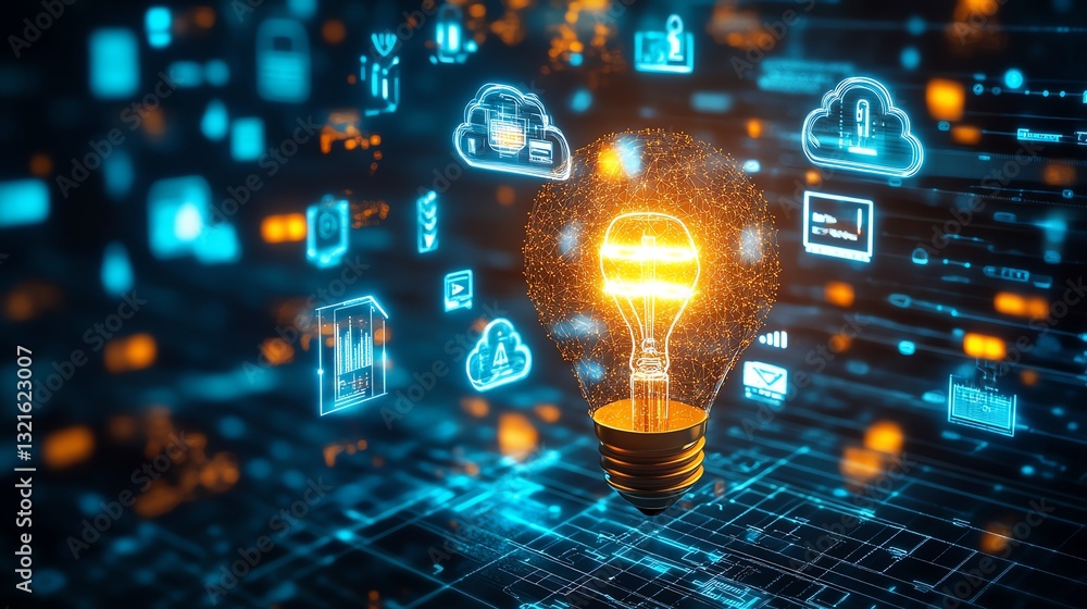 Poster an innovative light bulb glowing brightly, surrounded by interconnected icons of technology, digital