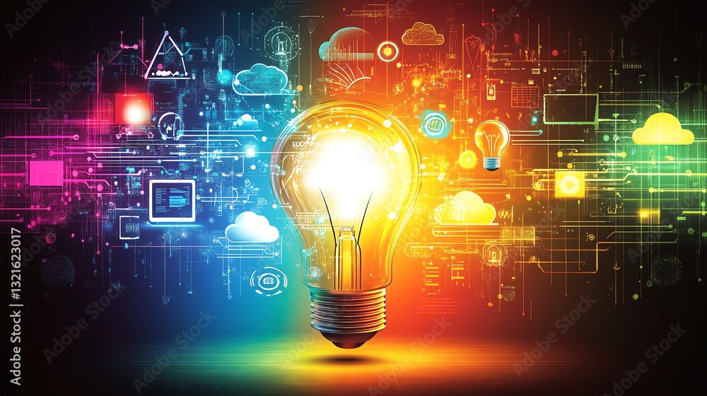 Poster an innovative light bulb glowing brightly, surrounded by interconnected icons of technology, digital
