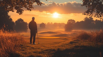 A golfer preparing to putt on a vibrant green golf course, with the sun shining in the background.