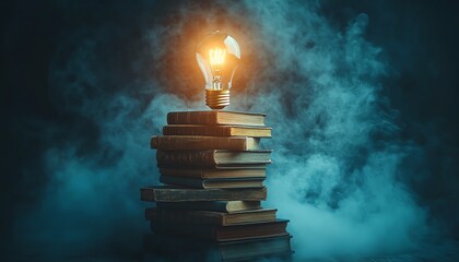 Books forming a spiral staircase with a glowing bulb at the top, symbolizing knowledge leading to success, highresolution, modern, vibrant lighting