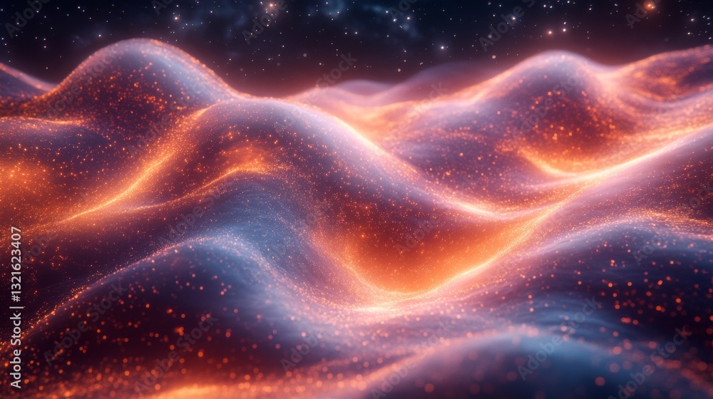 Poster a mesmerizing landscape illustrates concepts of quantum mechanics, featuring undulating waves symbol