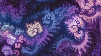 A vibrant fractal design featuring swirling patterns in shades of purple and blue.