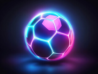 Naklejka premium Vibrant soccer ball with neon lighting against a dark background