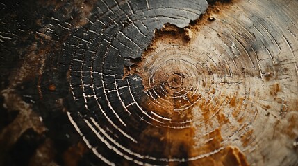 A macro view of tree rings with cracks and textures, showing age and growth patterns.