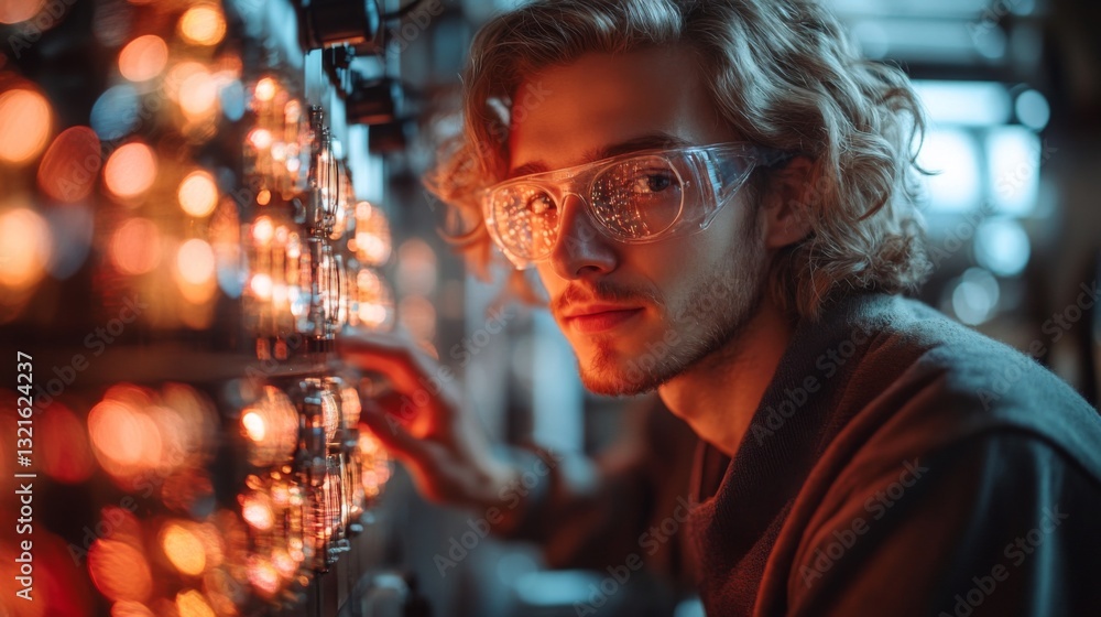 Poster a young researcher adjusts equipment in a quantum physics lab, focusing on experiments related to qu