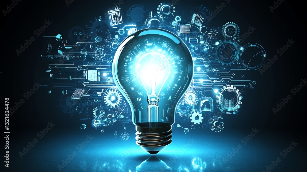 Poster a glowing light bulb representing innovation surrounded by icons of gears, circuits, and light beams