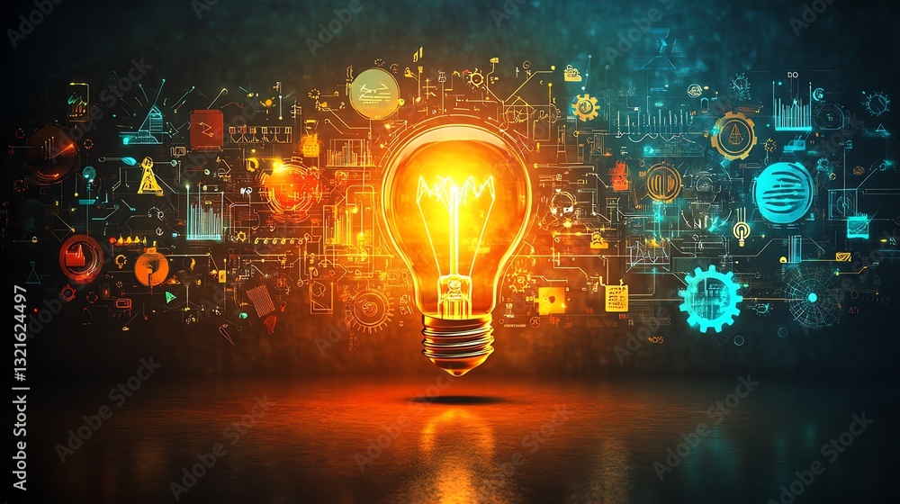 Poster a glowing light bulb representing innovation surrounded by icons of gears, circuits, and light beams