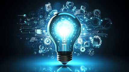 A glowing light bulb representing innovation surrounded by icons of gears, circuits, and light beams symbolizing creativity and technology, against a sleek modern backdrop