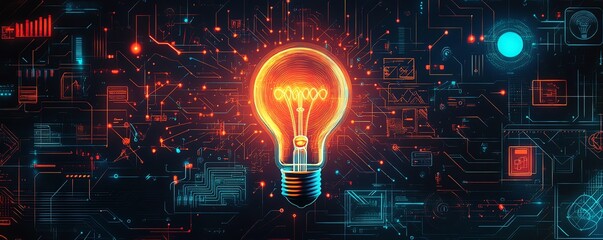 A light bulb emitting vibrant rays of innovation, surrounded by icons of brainstorming, digital design, and technology tools, with a circuit boardinspired backdrop