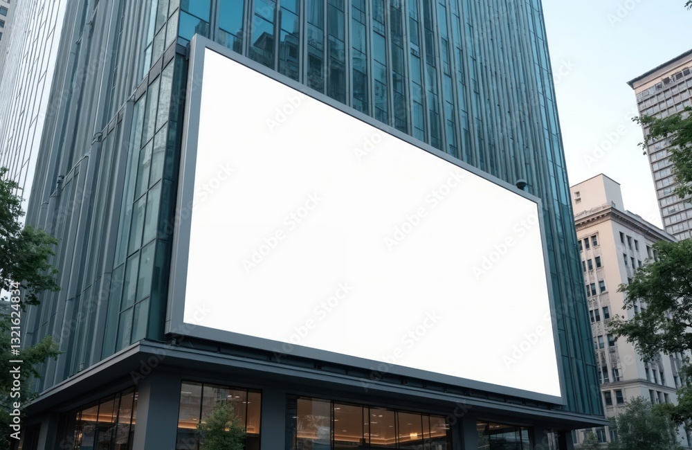 Poster Urban building featuring billboard mockup with digital display screen for OOH media. White blank space ideal for ad, commercial, marketing campaign in downtown. Modern architecture with empty sign.