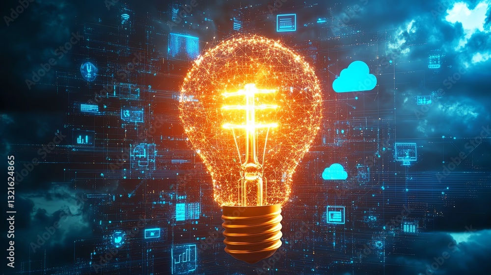 Poster a light bulb radiating innovation, encircled by symbols of ai, cloud computing, and digital networks