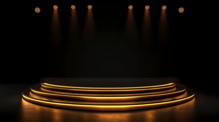 Empty golden stage podium with spotlights
