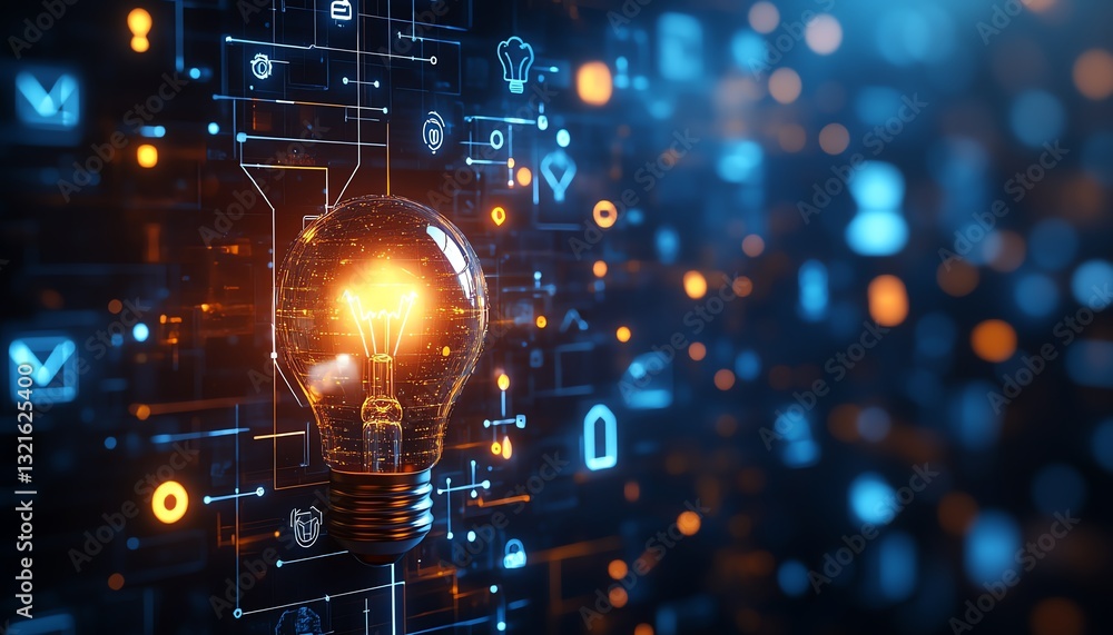 Poster A shining light bulb symbolizing innovation, surrounded by icons of artificial intelligence, blockchain, and creative brainstorming, illuminated on a modern techstyle interface
