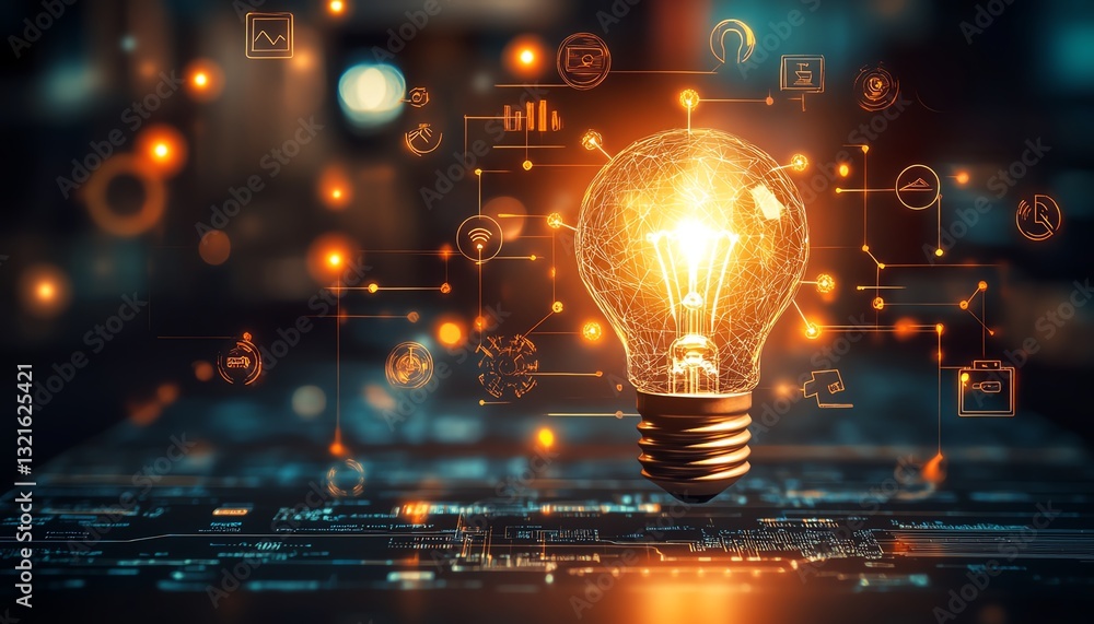 Leinwandbilder a shining light bulb symbolizing innovation, surrounded by icons of artificial intelligence, blockch