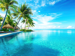 Fototapeta premium Tropical paradise with calm waters and palm trees under blue skies