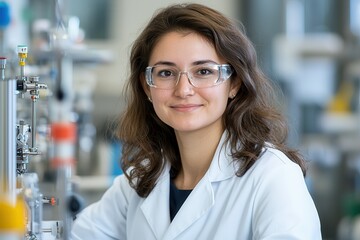 honoring women heroes. Scientist smiling in a lab, wearing glasses and a lab coat.
