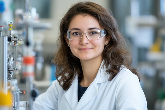 honoring women heroes. Scientist smiling in a lab, wearing glasses and a lab coat.
