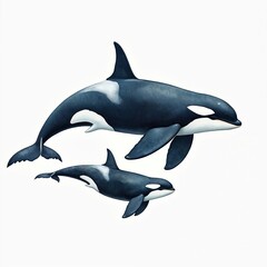 Watercolor painting of orca family with cub on white background. Marine wildlife illustration of killer whale mother with baby, swimming together in the sea. Aquatic mammal art for kids.