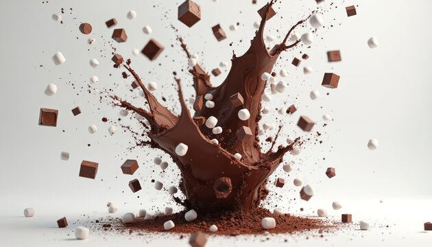 Chocolate splash storm with marshmallow candies, cocoa cubes flying in air. Dark melted cocoa, white sweets mix on white background. Perfect for sweet dessert advert, recipe book confectionery shop.