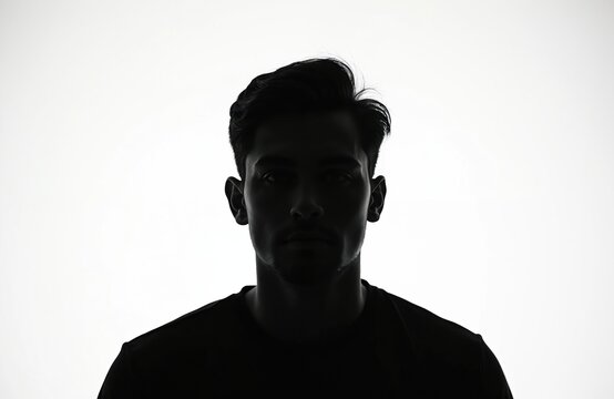 Silhouette of young adult man against white background. Dark profile shadow for mystery concepts, user avatar, incognito representation, anonymous identity, unknown person. Dramatic studio shot.