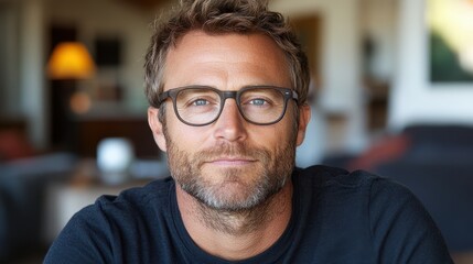 A middle-aged man with a beard and glasses is seated in a comfortable, well-lit living room. He wears a casual black shirt and has a relaxed expression, surrounded by modern decor