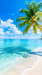 Tranquil beach scene with a palm tree clear turquoise water lapping on white sand
