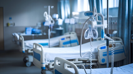 Fototapeta premium Hospital beds equipped with respiratory devices in a medical facility, showcasing advanced healthcare technology and critical care support for patients in need.