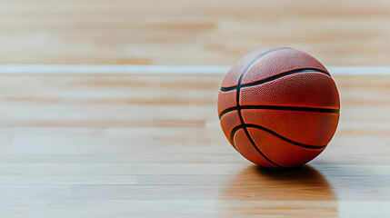 Obraz premium A Textured Orange Basketball Rests On A Polished Hardwood Court In A Well-Lit Indoor Sports Arena With White Lines