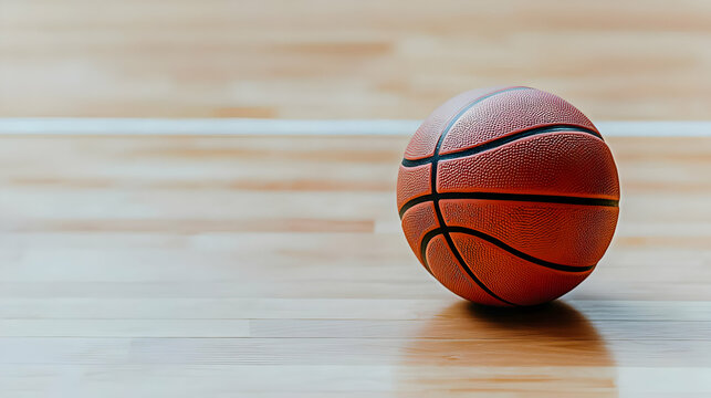A Textured Orange Basketball Rests On A Polished Hardwood Court In A Well-Lit Indoor Sports Arena With White Lines