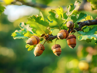 Obraz premium Acorns hanging from oak tree branches during golden hour