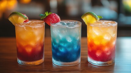 Three vibrant cocktails sit on a wooden bar top, embellished with lime and strawberry garnishes. The drinks, featuring bright colors, create an inviting atmosphere for evening celebrations