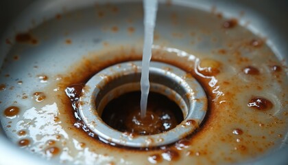Fototapeta premium Close-up shot of clogged kitchen sink drain with food particles stuck on metal pipes, slow flowing water. Plumbing issues, cleaning problems, greasy blockage, dirty sink concept.