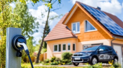 Private electric car charger in front of the house with solar panels, energy sustainability and renewable energy sources
