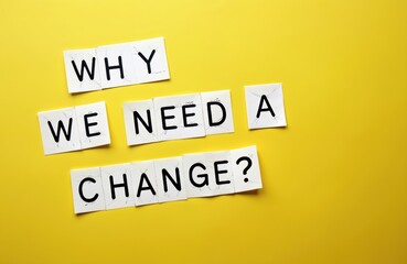 Text cards on yellow. Letters spell Why we need a change. Concept of mindset reset, development and personal growth. Questioning status quo for success. Need to adapt for the better.