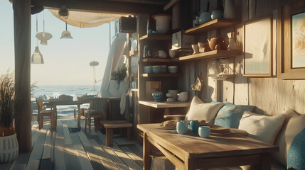 Fototapeta premium Airy coastal kitchen with driftwood shelves, white and blue pottery, and a sunbeam-filled breakfast corner