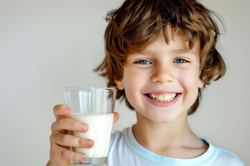 Cute boy holding a glass of milk and smiling