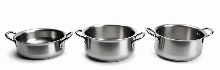 Three stainless steel cooking pots of different sizes stand on white background. Shiny metal saucepans with handles. Kitchen utensils, cookware, empty pots. Cooking equipment for home use. Silver