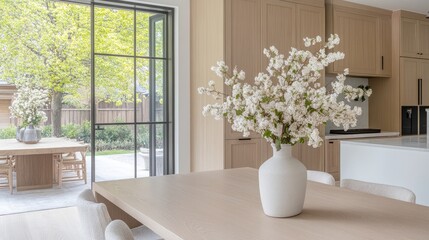 Fototapeta premium Light-filled interior showcases a stylish desk with cabinets and a round mirror, creating a serene workspace atmosphere
