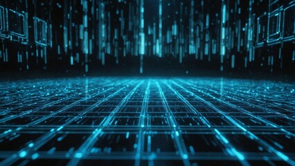 Futuristic blue matrix background with glowing digital lines and particles, abstract technology design for virtual reality and cyberspace projects
